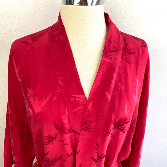 Hot Pink Chinese Peignoir Kimono Short Robe Large Bamboo Leaves Tie Belt Pockets - Picture 2 of 16